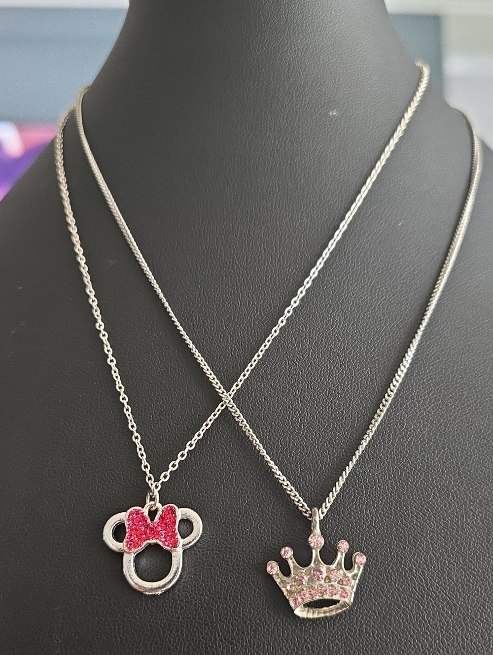 2 Necklace Bundle! Pink Bow Minnue Mouse & Pink Crown Pendant Necklace Set